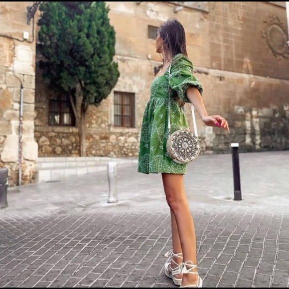 ZARA NWT Green Floral Embroidered Cutout Bardot Dress Puff Sleeves - Picture 10 of 12